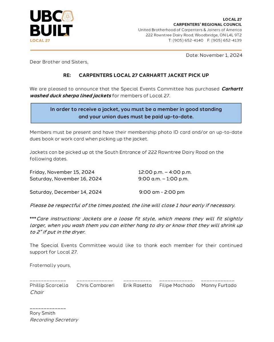 We are pleased to announce that the Local 27 Special Events Committee has purchased Carhartt washed duck sherpa lined jackets for our members!

❗️Please be sure to read the full letter for more details about when to pick up❗️