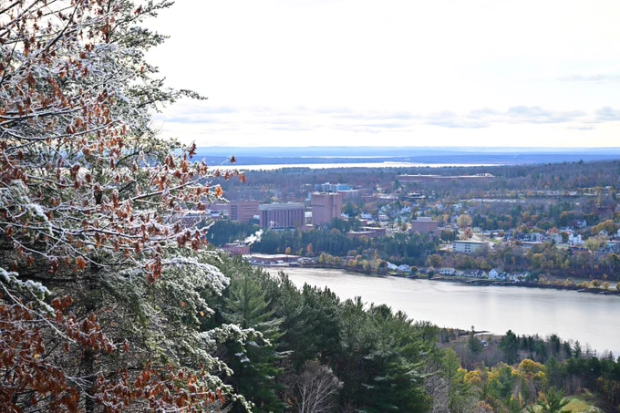 Michigan Tech's campus and the Keweenaw Waterway is seen in the distance.