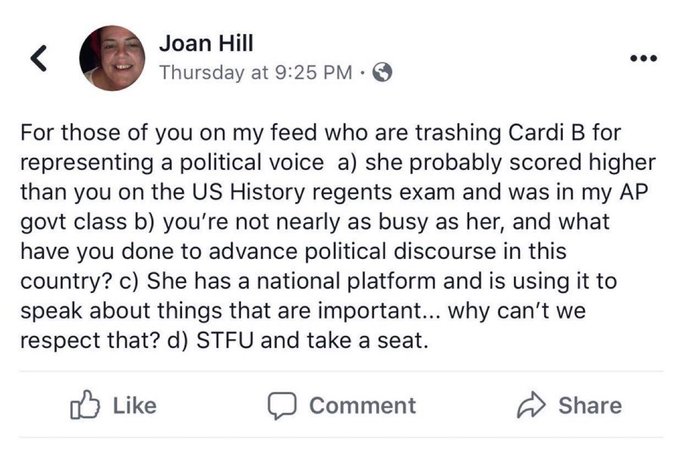 Oh my goodness. This is Cardi B's high school teacher responding to attacks on Cardi B for being with Kamala Harris at a rally tonight. Epic.