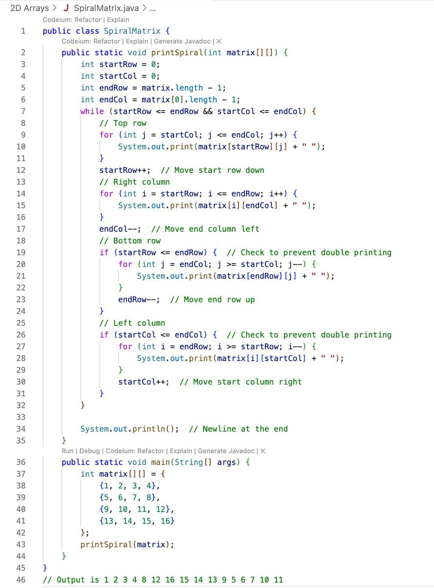 ✨ Implemented Spiral Order traversal for a 2D Matrix in Java! Traverses the matrix in a spiral pattern, printing elements layer by layer. Perfect for understanding matrix manipulation! #Java #2DArrays #SpiralMatrix #Programming #100DaysOfCode