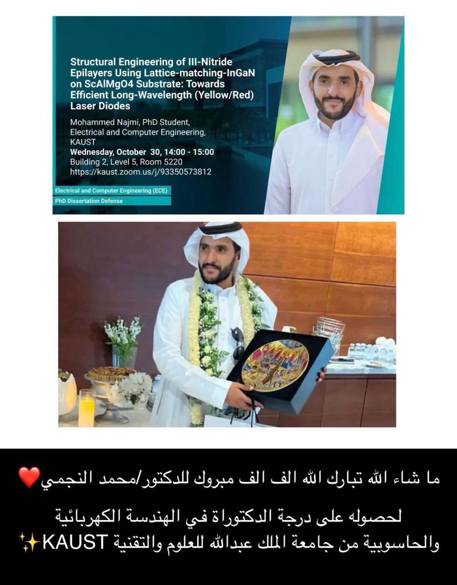 أبارك لإبن أخي الحبيب الشيخ علي بن محمد النجمي ابننا البار (أبا زياد) الدكتور محمد لحصوله على شهادة الدكتوراة في الهندسة الكهربائية والحاسوبية من جامعة الملك عبدالله للعلوم والتقنية (KAUST).
لقد وفقكم الله لتحقيق هذا بفضله ثم بدعم حكومتنا السعودية وقيادتها الرشيدة، ومتابعة ودعم