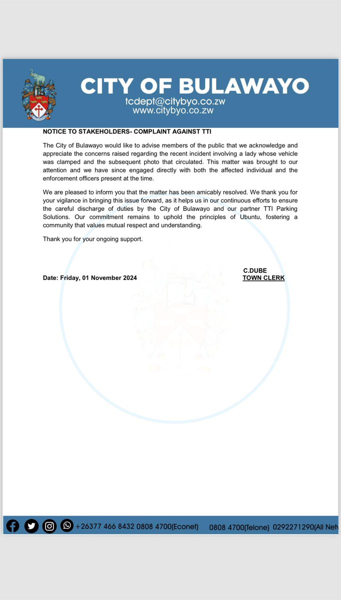 CityofBulawayo's tweet photo. Notice to Stakeholders- Complaint against TTI. https://t.co/I2yiqaMOHl