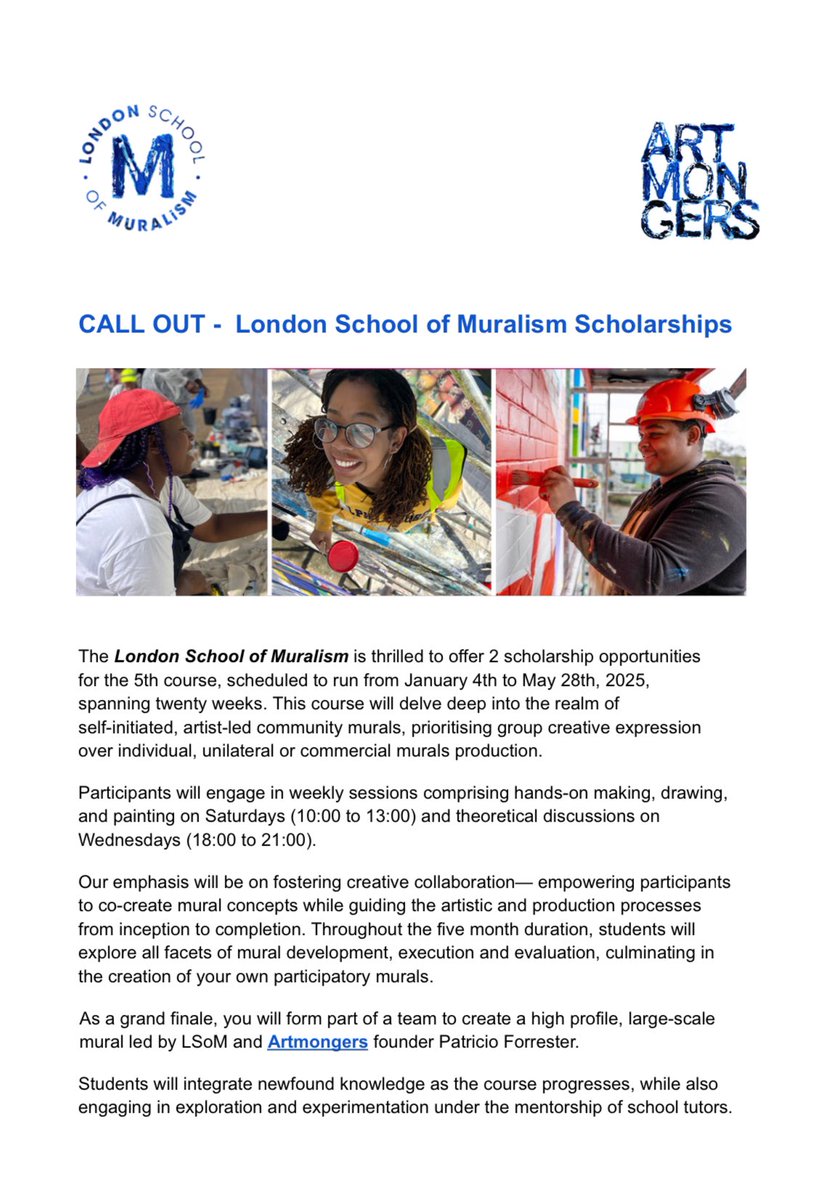 lsomuralism's tweet photo. Good News: the deadline to apply for our 2 scholarships for global south artists to join our course has been pushed back until Midnight 18th of November. 

To apply send us a message 
Pls RTWT https://t.co/9g3RtViOxt