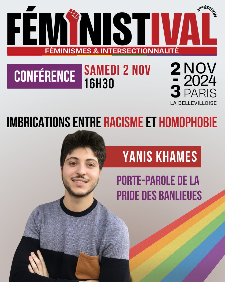 📣 liens entre racisme et homophobie, par @yaniskhames, porte-parole de la @pridedesbanlieues !

Conf propre à debunker des clichés tels les pseudos "enfers gays" que seraient les banlieues.
car pr les bourgeois, la violence est tjs du côté des pauvres.

🎟️helloasso.com/associations/l…