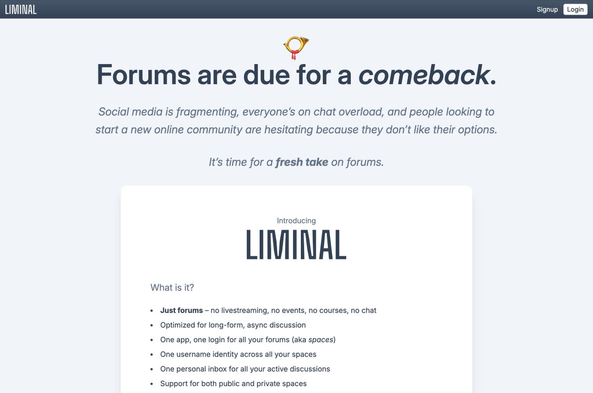 Jeremy Smith (@jeremysmithco) on Twitter photo Three months ago, I made a commitment to <a href="/bjessbrown/">Jess Brown</a> that I would launch an MVP of liminal.forum, my own take on old-school forums, by November 1st. And today's the day! 😅 I'm happy to announce the doors are open. Full announcement is here: liminal.forum/liminal/topics… Three months ago, I made a commitment to <a href="/bjessbrown/">Jess Brown</a> that I would launch an MVP of liminal.forum, my own take on old-school forums, by November 1st. And today's the day! 😅 I'm happy to announce the doors are open. Full announcement is here: liminal.forum/liminal/topics…