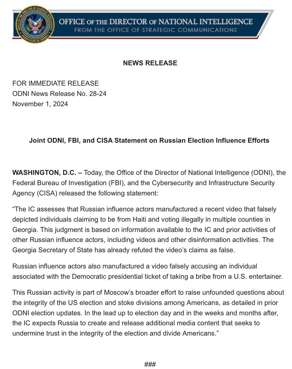 New: The intelligence community, FBI and CISA confirm that this fake video claiming to show Haitian migrants illegally voting multiple times in Georgia  was manufactured by Russian actors seeking to undermine confidence in the U.S. election. <a href="/CBSNews/">CBS News</a>