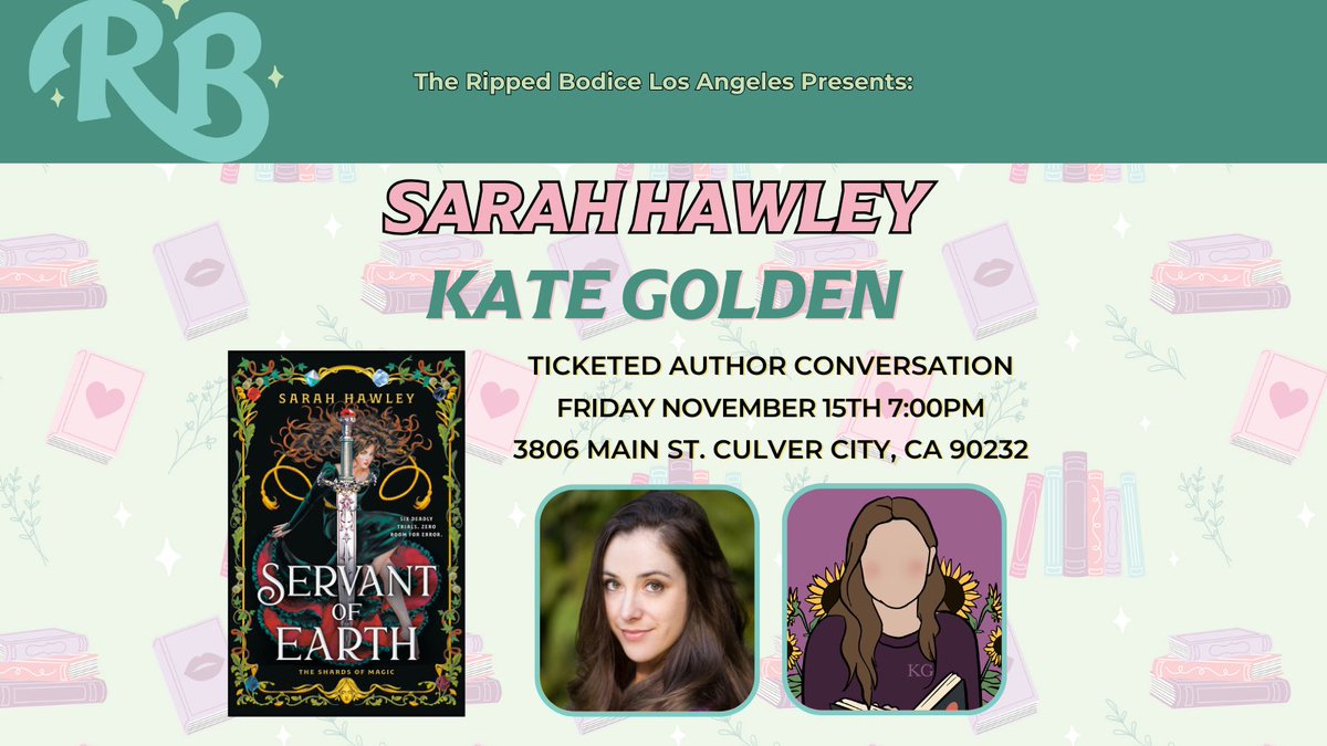 To celebrate Servant of Earth, we're hosting an LA #AuthorEvent with <a href="/MsSarahHawley/">Sarah Hawley</a> on Friday, November 15th at 7pm. She will be in conversation with Kate Golden about her captivating dark romantasy, ⚔️⁠
⁠
🎟️Tickets + signed books:
therippedbodice.com/events-and-tic…

#TheRippedBodiceLA