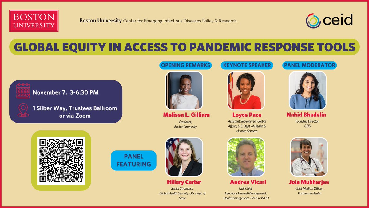 RT <a href="/BUCEID/">Center on Emerging Infectious Diseases (CEID)</a> Global Equity in Access to Pandemic Response Tools Webcast, Nov 7 ow.ly/jOCY50TTWZm <a href="/BhadeliaMD/">Dr. Nahid Bhadelia</a> <a href="/HHS_ASGA/">Assistant Secretary Loyce Pace</a> <a href="/HHS_Global/">Office of Global Affairs, HHS</a> <a href="/StateDept/">Department of State</a> <a href="/PAHOemergencies/">PAHO/WHO Emergencies-OPS/OMS Emergencias</a> <a href="/pahowho/">PAHO/WHO</a> <a href="/PIH/">Partners In Health</a> <a href="/IDSAInfo/">IDSA</a> <a href="/tephinet/">TEPHINET</a> <a href="/syramadad/">Dr. Syra Madad</a> <a href="/ChungongStella/">Chungong Stella</a> <a href="/TheNETEC/">NETEC</a> <a href="/DrTomFrieden/">Dr. Tom Frieden</a> <a href="/SCBriand/">Dr Sylvie Briand</a>