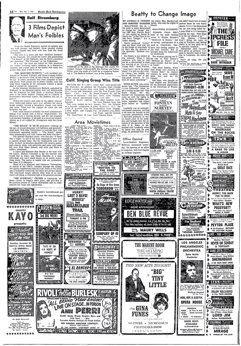 dandoody's tweet photo. #ThenShowing 1 Nov 1965, Seattle P-I
Feelin' the post-Halloween blues, so think I'll hit those MAGNIFICENT MEN IN THOSE FLYING MACHINES (Paramount) but evening screening gives me time to take in THE INTRUDER+THE IPCRESS FILE double-bill at the Orpheum. https://t.co/pqPXIingSz