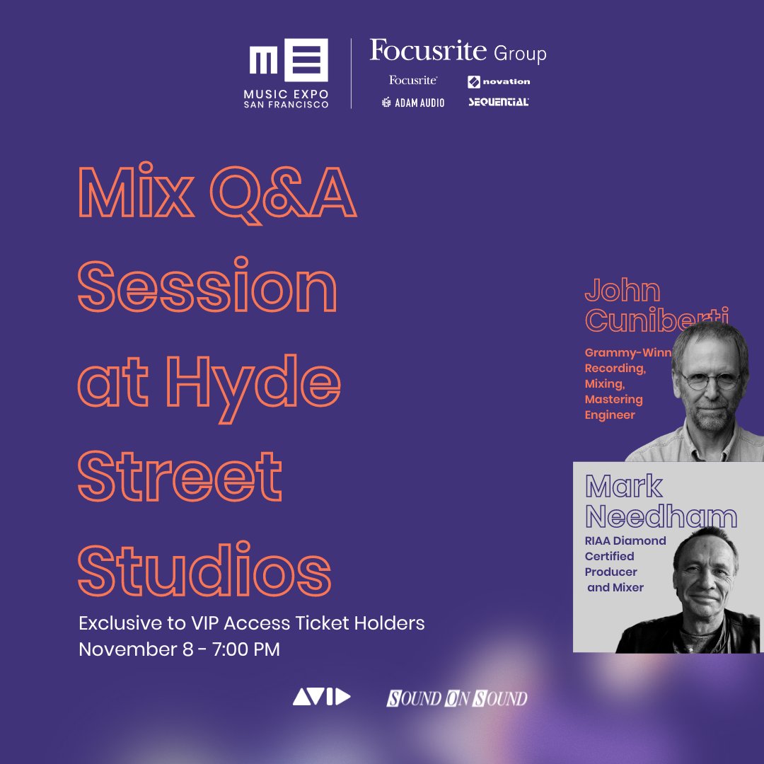 Next Friday 11/8, I'll be <a href="/HydeStStudios/">Hyde Street Studios</a>  participating in a Mix Q&amp;A discussing projects I worked on there including <a href="/ChrisIsaak/">Chris Isaak</a>  , <a href="/train/">train</a>  &amp; @CAKEMUSIC ! A few tickets are still available at <a href="/musicexposf/">Music Expo 25</a>  and I look forward to seeing you there!
