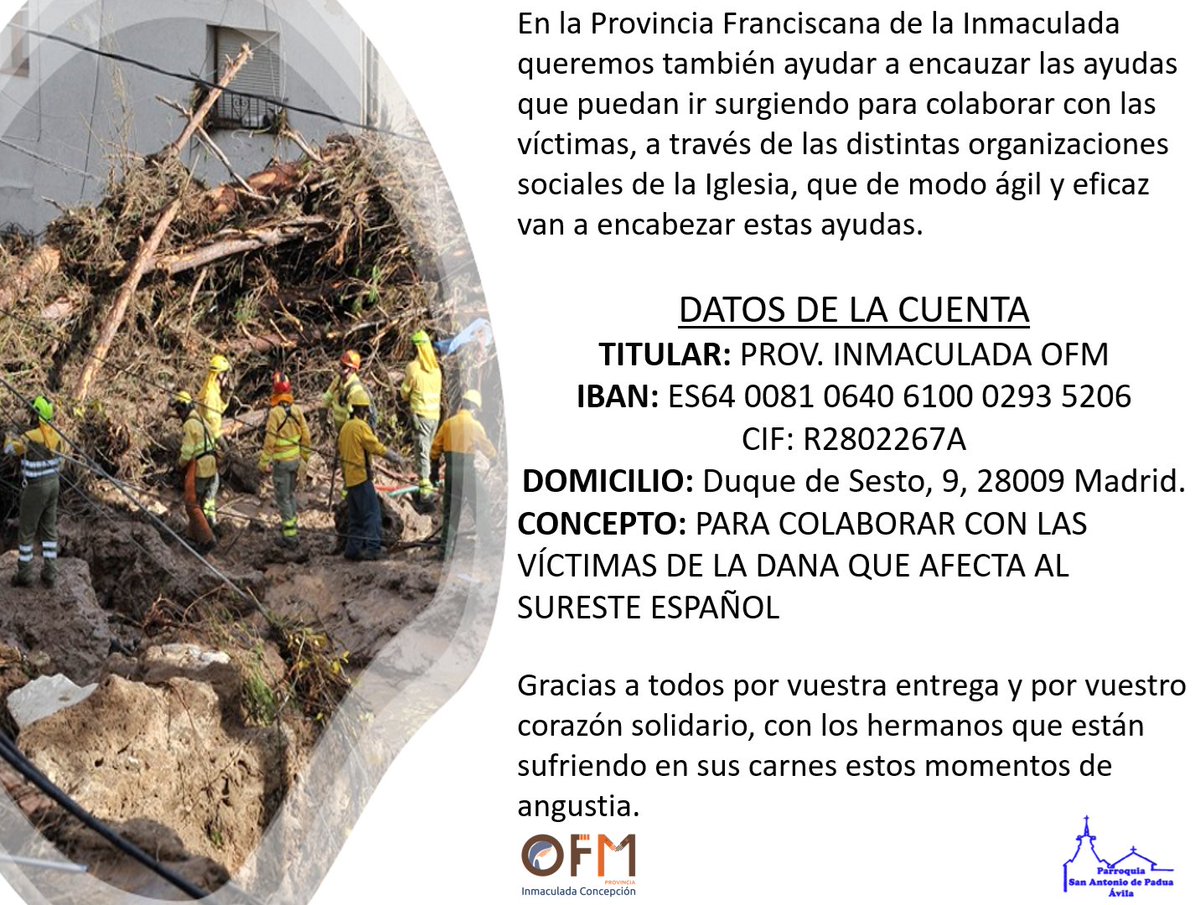 La Provincia Franciscana de la #InmaculadaConcepción (<a href="/ofmfranciscanos/">ofmfranciscanos</a>), a la que pertenece nuestra Parroquia, pone en marcha una campaña de recogida de donativos destinada a las víctimas de la #DANA. ¡Todos unidos saldremos adelante! #Ávila