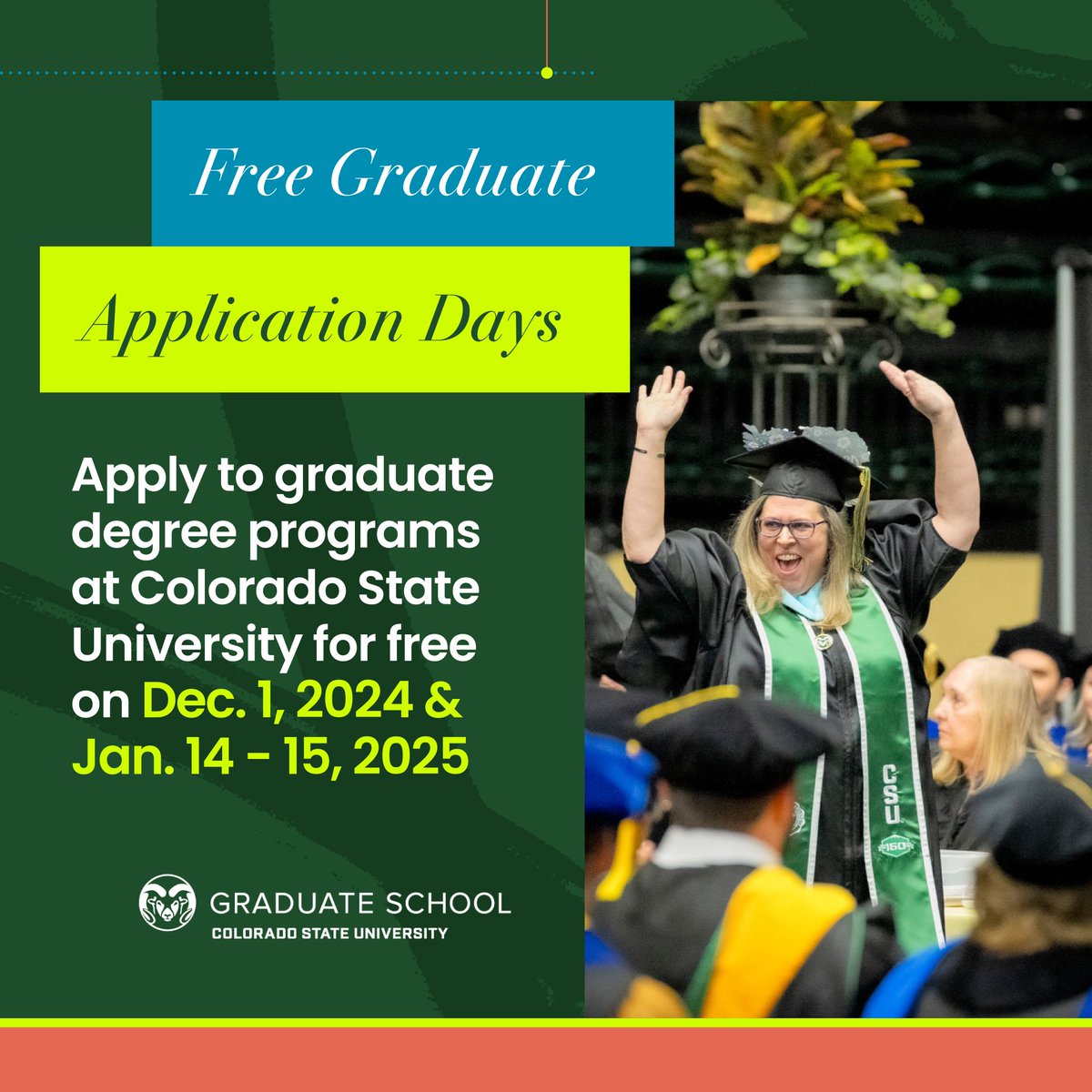 📢 Exciting news for future grad students! Colorado State University is offering FREE application days on Dec. 1, 2024, and Jan. 14-15, 2025, for applicants new to graduate degree programs! 🎓 Apply to a master’s or doctoral program, get started at: col.st/3NFHv