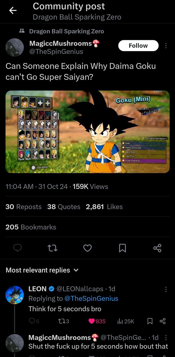 RpgSnyper's tweet photo. This dude @TheSpinGenius is a fuckin moron lmao 🤣 omg "why can't daima goku go super saiyan in the game?" How the fuck did DB get such remedial fans 🤣😭 if he doesn't do it IN EPISODE HE CANT DO IT IN THE GAME😂🤦🏿‍♂️seeing in the gd trailer does not mean he can in DBSZ yet 🙄 #dbd https://t.co/vKRtNORo4D
