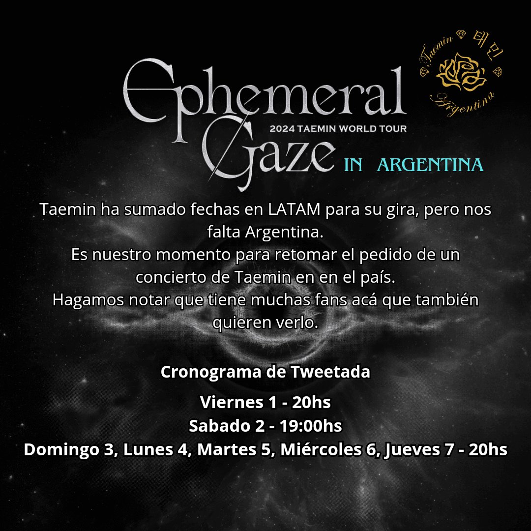 Tweetteada Masiva! 🇦🇷

No nos podemos quedar afuera! logremos el sueño! 

Hashtag  
#EphemeralGazeInArgentina
#WeWantTaeminConcertInArgentina 
#TAEMIN  

<a href="/TAEMIN_BPM/">태민 (TAEMIN)</a>
<a href="/WMais_/">W+ Entertainment</a>
<a href="/studiopav_latam/">Studio PAV LATAM</a>
@HFT_official_
<a href="/dfallaccess/">DF Entertainment</a>
<a href="/fenix_latam/">FENIX ENTERTAINMENT</a>
<a href="/gonnagoprod/">Gonna Go!</a>
<a href="/dgmedios/">DG Medios</a>
<a href="/urimusic_ent/">Urimusic Entertainment</a>
<a href="/ninshi_ent/">Ninshi Entertainment</a>