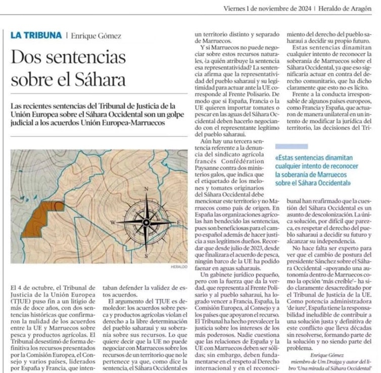 Una mirada al 🇪🇭 Sáhara Occidental 🇪🇭 (@saharaocc_web) on Twitter photo Artículo de opinión de <a href="/Enriquegc_sah/">Enrique Gómez C</a> sobre las sentencia del TJUE el pasado 4 de octubre
Un Golpe Judicial a los Acuerdos UE-Marruecos
saharaoccidental.es/opinion/golpe-…
Estas sentencias dinamitan cualquier intento de reconocer la soberanía de Marruecos sobre el Sáhara Occidental Artículo de opinión de <a href="/Enriquegc_sah/">Enrique Gómez C</a> sobre las sentencia del TJUE el pasado 4 de octubre
Un Golpe Judicial a los Acuerdos UE-Marruecos
saharaoccidental.es/opinion/golpe-…
Estas sentencias dinamitan cualquier intento de reconocer la soberanía de Marruecos sobre el Sáhara Occidental
