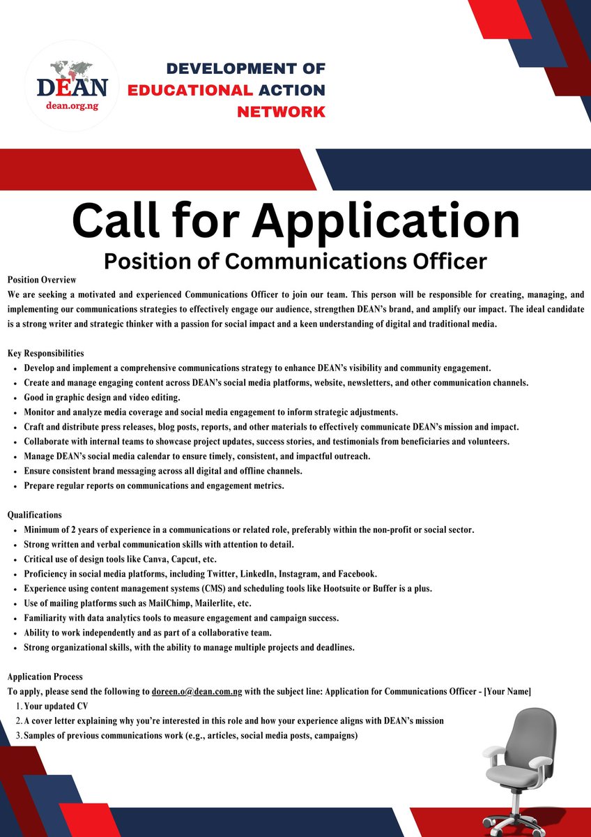 deeoho's tweet image. Are you passionate about making a change and interested in the impactful work we do @DEANinitiative ? We're hiring a Communications Officer! We are looking for a creative and strategic communicator to join our dynamic team. This might be the perfect role for you.