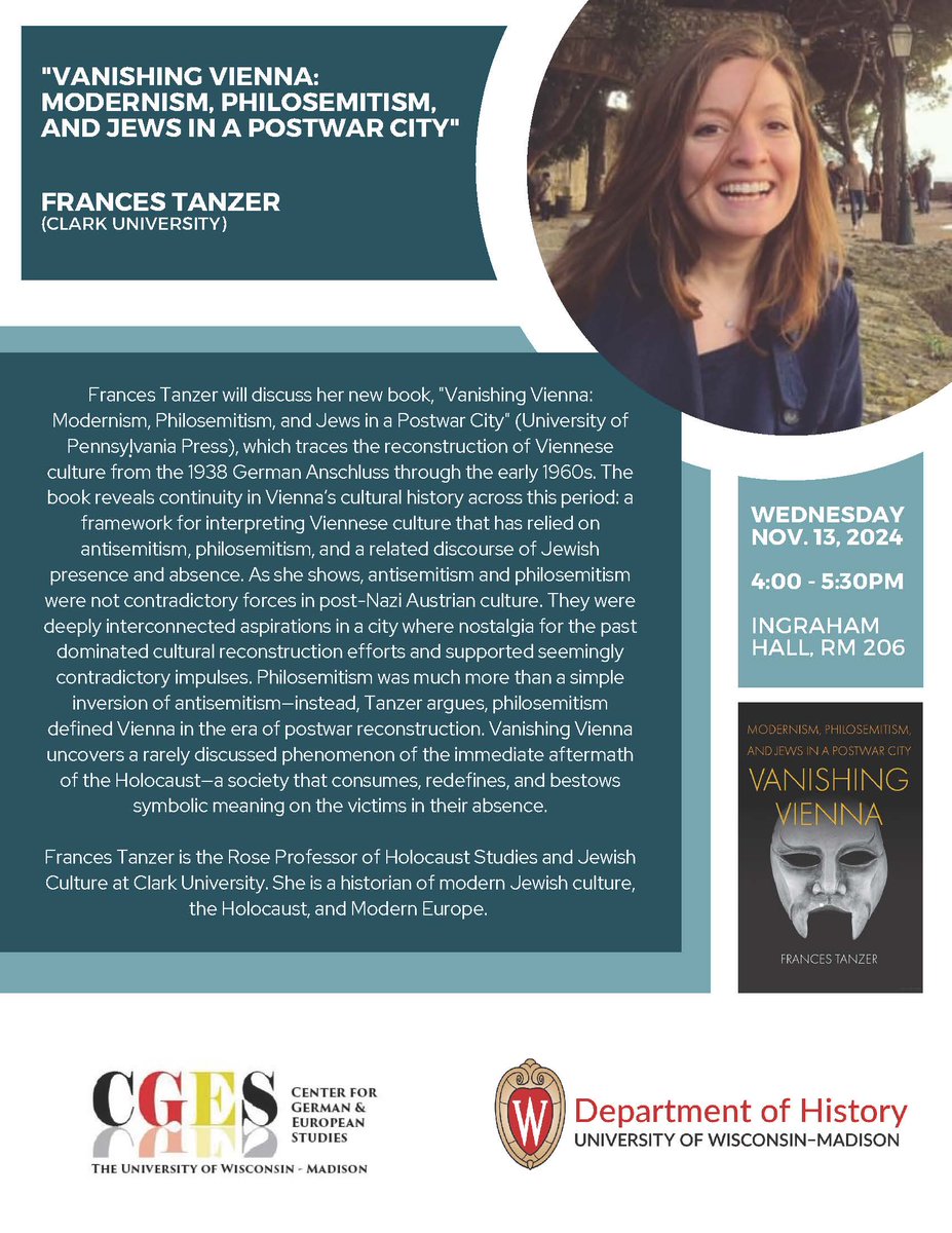 Frances Tanzer will discuss her new book, Vanishing Vienna: Modernism, Philosemitism, and Jews in a Postwar City (University of Pennsylvania Press), which traces the reconstruction of Viennese culture from the 1938 German Anschluss through the early 1960s.