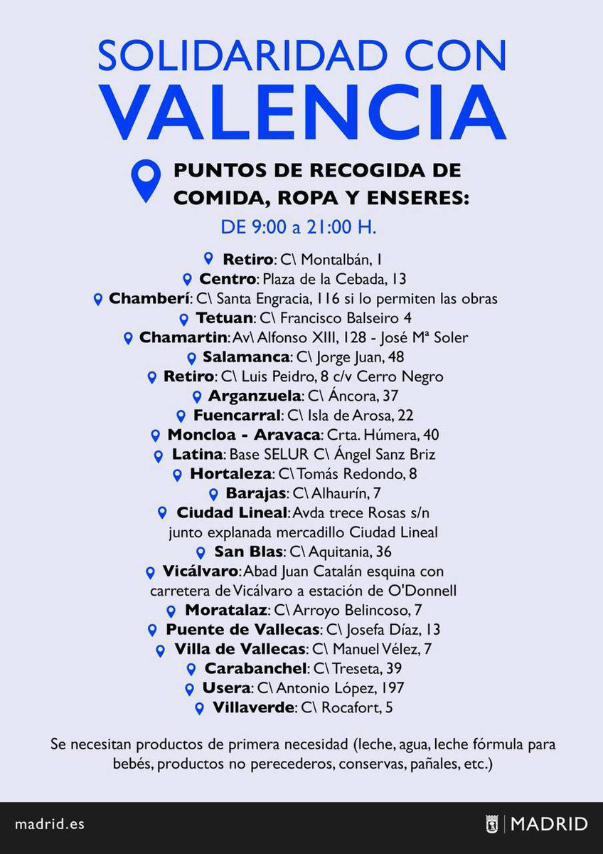 Unsereno's tweet photo. Puntos de recogida de comida, enseres y ropa en Madrid. https://t.co/9M892WjJAm