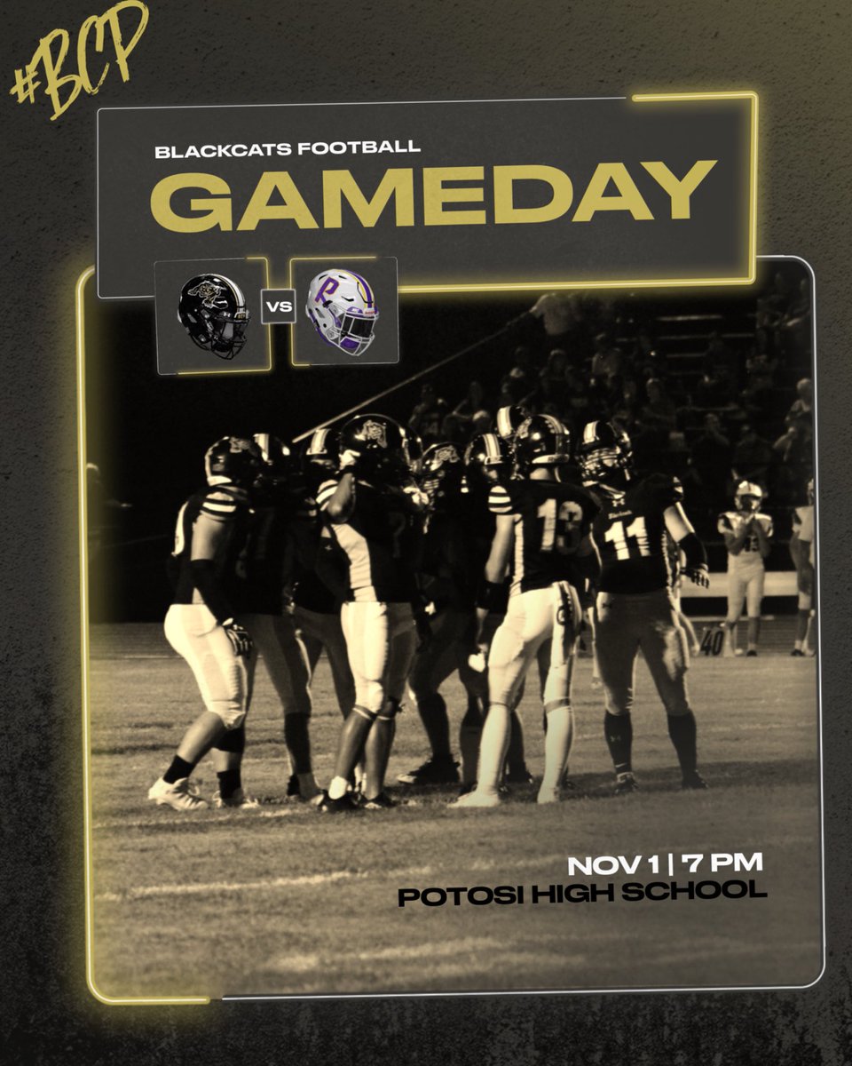 "A challenge only becomes an obstacle when you bow to it".
Due to circumstances beyond our control, tonight’s District Quarterfinal game has been moved to Potosi. Time to Rally together more than ever Blackcat Family! 
Kickoff at 7:00 PM.
Go Cats!
