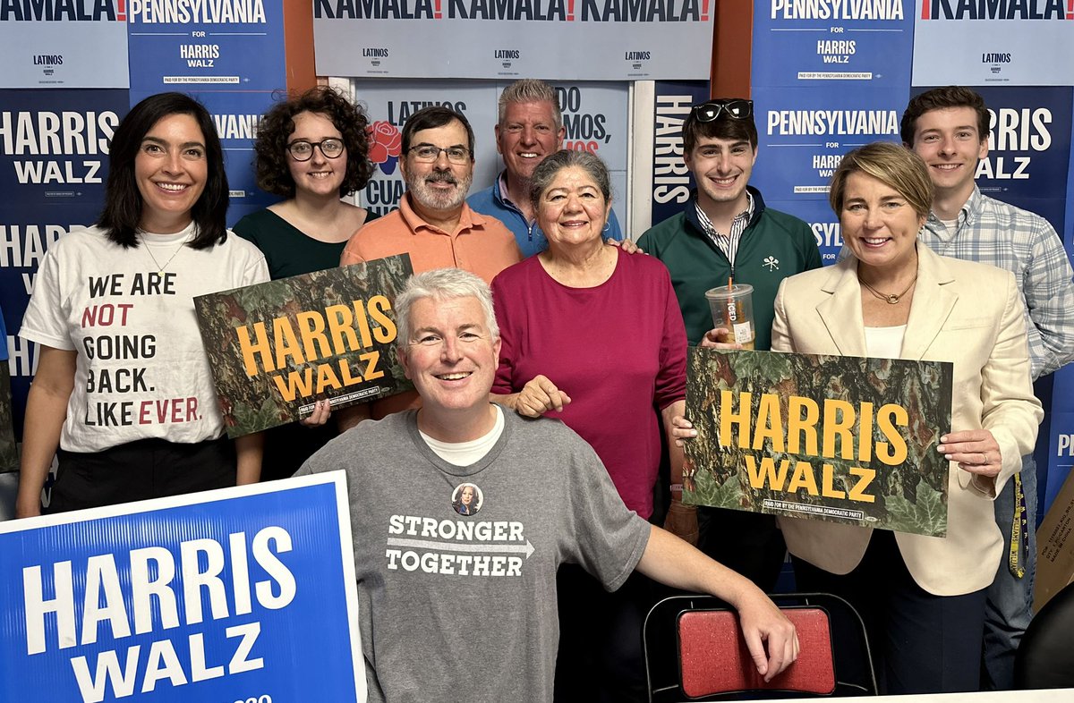 maura_healey's tweet photo. Brought coffee and donuts to volunteers (including Bay Staters!) pitching in for @KamalaHarris in Allentown! Massachusetts and Pennsylvania have a lot in common, including a tradition of standing up for democracy. 

With 4 days to go, every second and every set of hands counts! https://t.co/RZ6p8nEvux