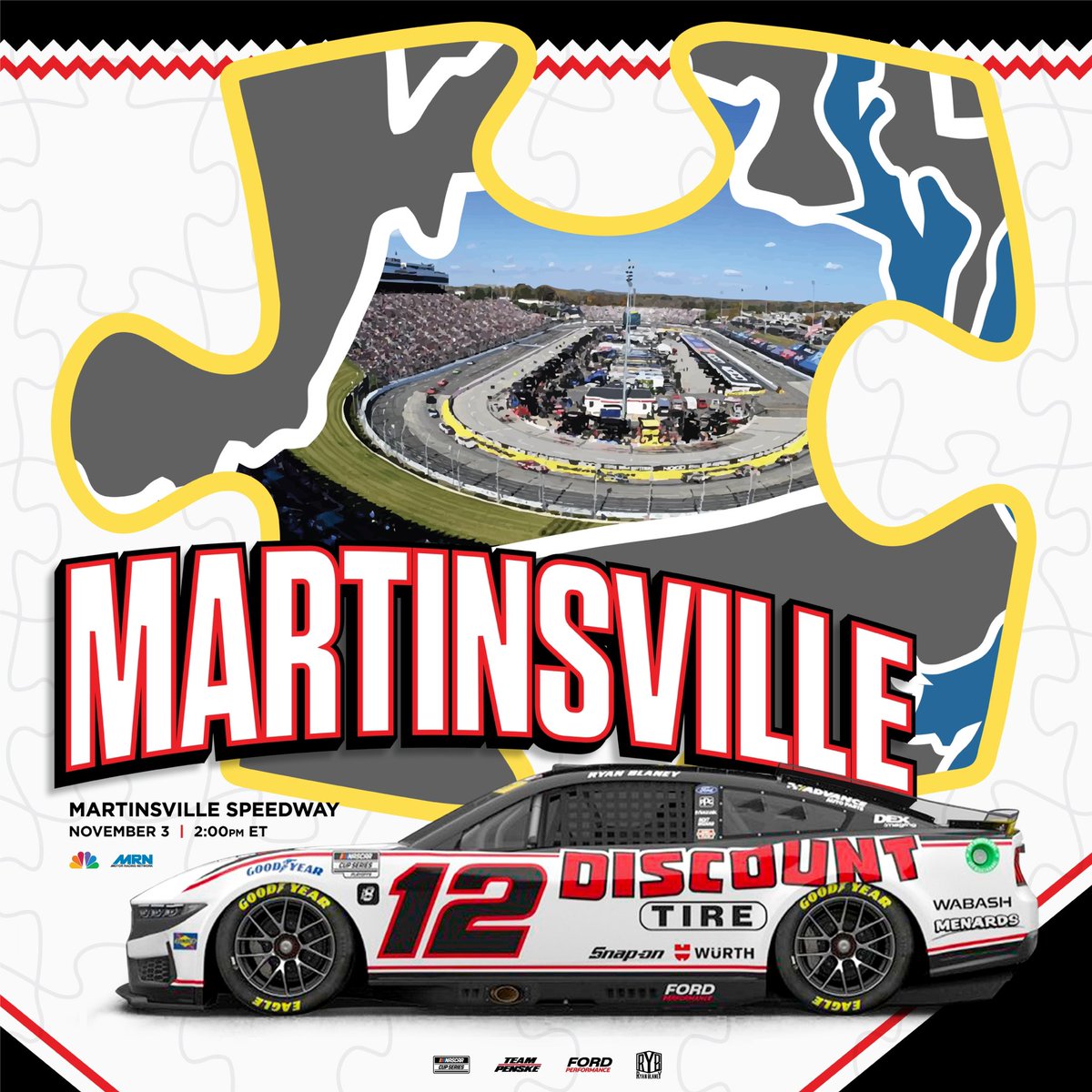 Blaney's tweet photo. We head to @martinsvilleswy knowing the task at hand. There are 2 pieces of this puzzle left, but we must lay this one down to get to The Championship 4. Watch this Sunday at 2 PM ET on @nascaronnbc as we look to repeat last year’s success. https://t.co/exf4K7w1IZ