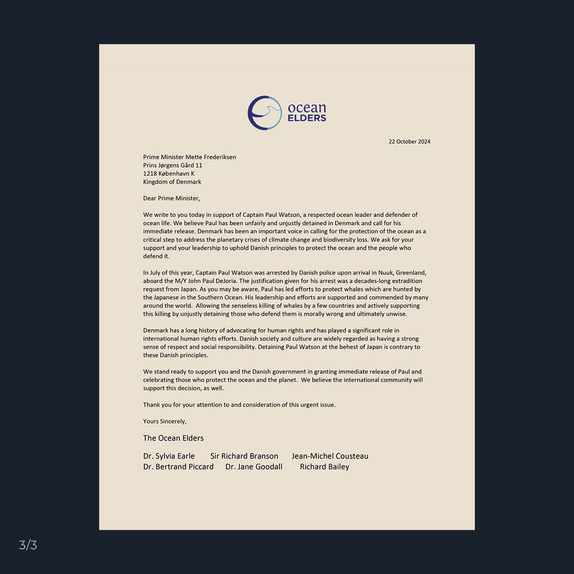 SeaShepherdFran's tweet image. Merci au Dr @JaneGoodallInst, @SylviaEarle, @richardbranson, Jean-Michel Cousteau, @bertrandpiccard et Richard Bailey pour cette lettre ouverte à Mette Frederiksen, Première ministre du Danemark à qui ils rappellent le caractère cruel, inutile (et aujourd’hui illégal) de la…