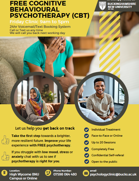 Melanie Hayward RNC SCPHN SN RNT FHEA FRSA She/her (@melhayward) on Twitter photo Low mood? Stressed? Anxious?
@BNUSchoolHaSS led by <a href="/DrMallikaSharma/">Mallika Sharma</a> have launched a #CBT teaching clinic at @_BNUni High Wycombe campus to support people (16+ yrs) for free with common mental health issues
Get in touch! details below 👇 Low mood? Stressed? Anxious?
@BNUSchoolHaSS led by <a href="/DrMallikaSharma/">Mallika Sharma</a> have launched a #CBT teaching clinic at @_BNUni High Wycombe campus to support people (16+ yrs) for free with common mental health issues
Get in touch! details below 👇