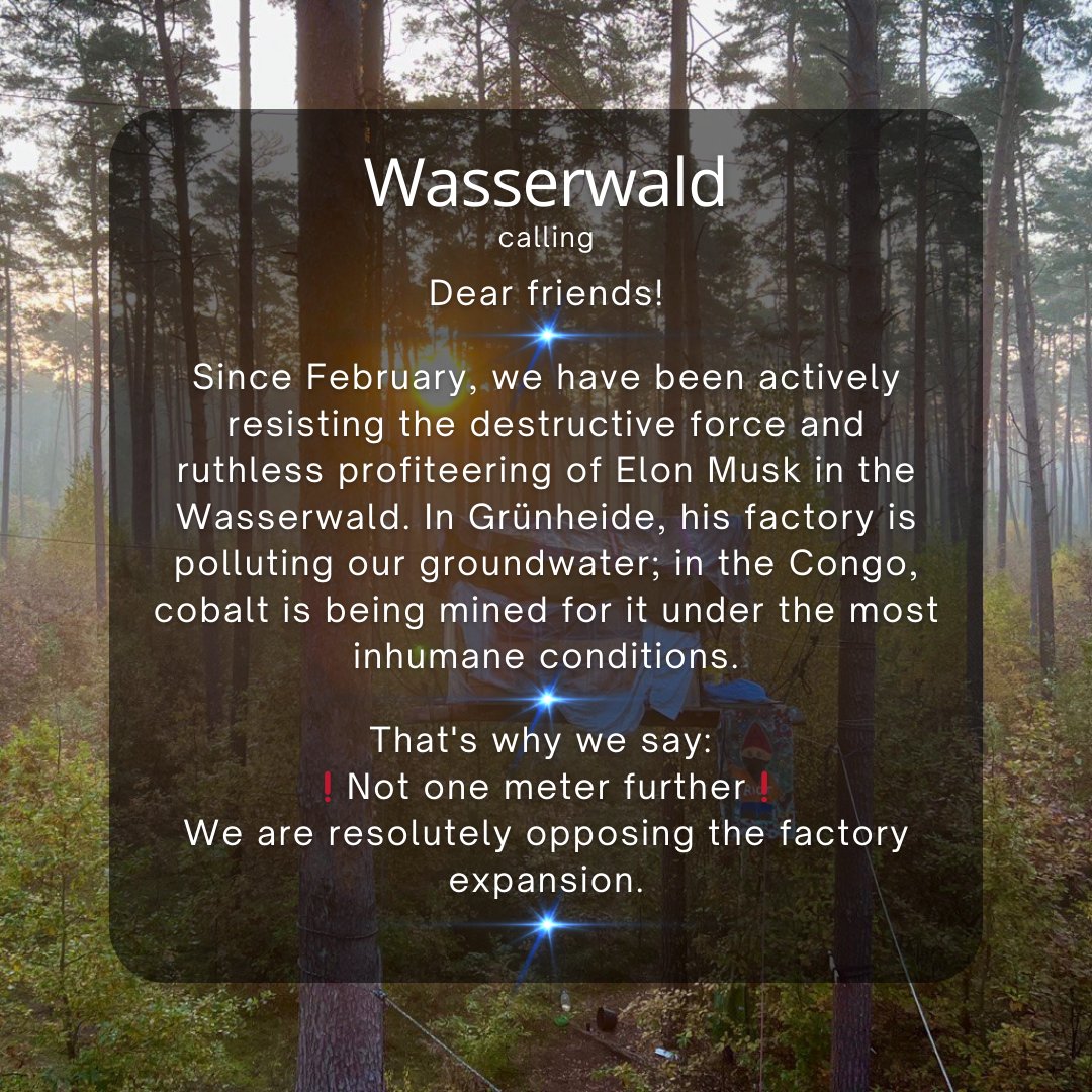 teslastoppen's tweet photo. Dear friends!
We are actively resisting the destructive force of the Factory expansion and ruthless profiteering of Elon Musk. In Grünheide, Tesla is polluting our groundwater; in the Congo, cobalt is being mined for it under the most inhumane conditions.
❗Not one meter further https://t.co/egXO3NBbuE