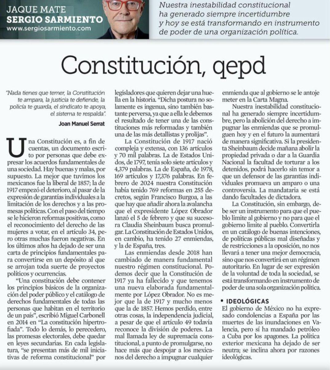 AnaLiliaHerrera's tweet photo. Convertir la Constitución en un catálogo de buenas intenciones, de políticas públicas mal diseñadas y de restricciones a la oposición, no nos llevará a tener una mejor democracia, sino que nos convertirá en un régimen autoritario. 

✍️ Escribe @SergioSarmiento: Constitución, qepd https://t.co/F7qeuYVVUn