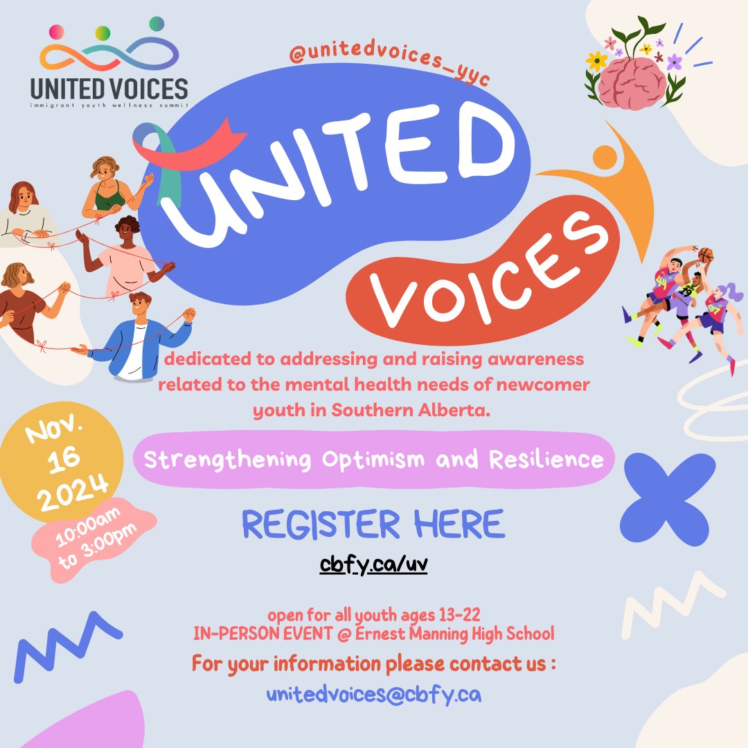 Join our partner The Calgary Bridge Foundation for Youth's United Voices event—a collaborative initiative dedicated to raising awareness and addressing the mental health needs of newcomer youth in Southern Alberta!

Register: cbfy.ca/uv/

#UnitedVoices #MentalHealth