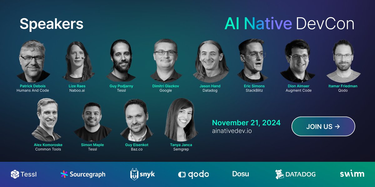 SammyHep's tweet image. 🌟 Thrilled to announce AI Native DevCon! 🚀 Join us as we explore the diverse angles of AI in software development—from AI-native practices to modernizing observability. Don’t miss it! 💻✨ Register here tessl.co/3YLtbLI #AINativeDev