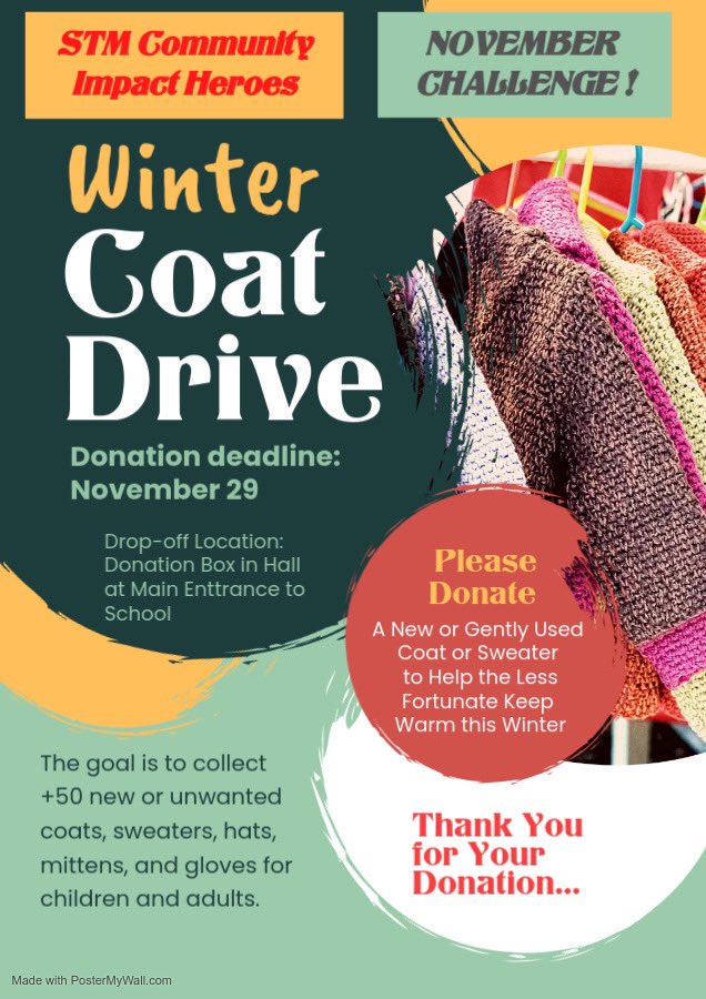 Please add items to the collection box located in the main hall so we can help keep those in need warm this winter!