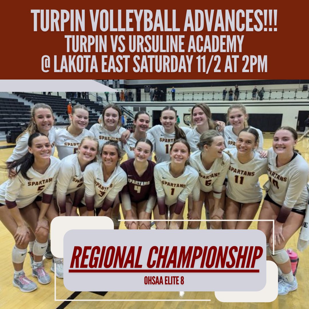 <a href="/ths_vball/">Turpin Volleyball</a> advances in the OHSAA post-season to the Regional Championship Elite 8!!! The girls play at Lakota East this Saturday, November 2nd at 2PM. Come support this crew as they take on Ursuline Academy tomorrow!!!

#spartanstrong #goturpin #yoonity