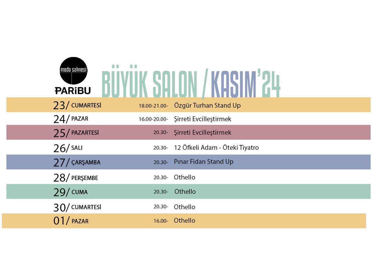 Moda Sahnesi Büyük Salon Kasım Ayı Takvimi

Bilet almak için 🔻
biletinial.com/tr-tr/etkinlik…