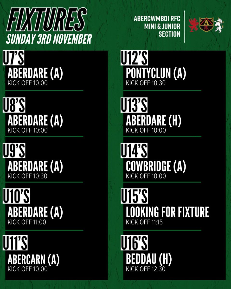 youngvillagerfc's tweet image. 7’s-10’s away @Uppababysnakes 

11’s away @abercarnmandj 

12’s away @BadgersMandJ 

13’s &amp;amp; 14’s in @CardiffRugbyCup action home to @Uppababysnakes &amp;amp; away to @Cowbridgerfcmj respectively 

15’s looking for a game 

16’s home @BeddauRFC 

Good luck to all ages 💚🖤
#Youngvillage