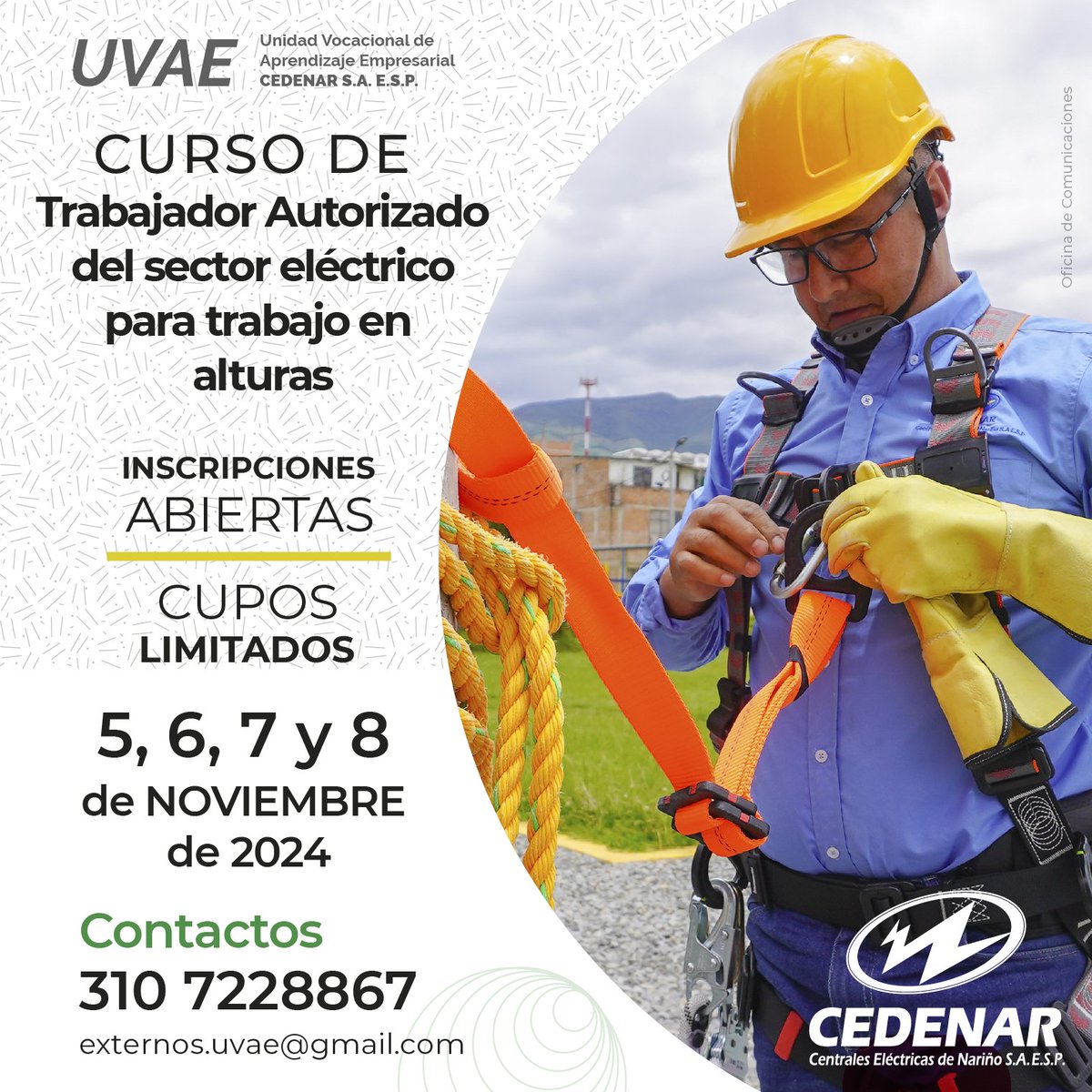 Cedenaroficial's tweet photo. 👷🏼‍♀️👷🏼‍♂️Ofertas de formación dirigidas a empresas del sector eléctrico en la Unidad Vocacional de Aprendizaje Empresarial UVAE de CEDENAR S.A. E.S.P.⚡#Cedenar #Nariño #UVAE #Pasto https://t.co/0VPG52bD9h