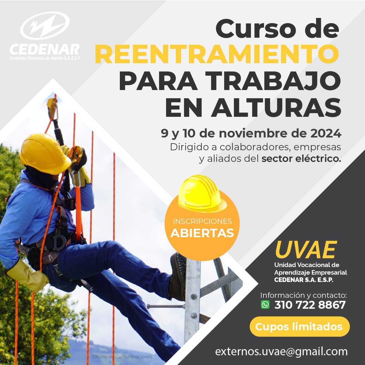 Cedenaroficial's tweet photo. 👷🏼‍♀️👷🏼‍♂️Ofertas de formación dirigidas a empresas del sector eléctrico en la Unidad Vocacional de Aprendizaje Empresarial UVAE de CEDENAR S.A. E.S.P.⚡#Cedenar #Nariño #UVAE #Pasto https://t.co/0VPG52bD9h