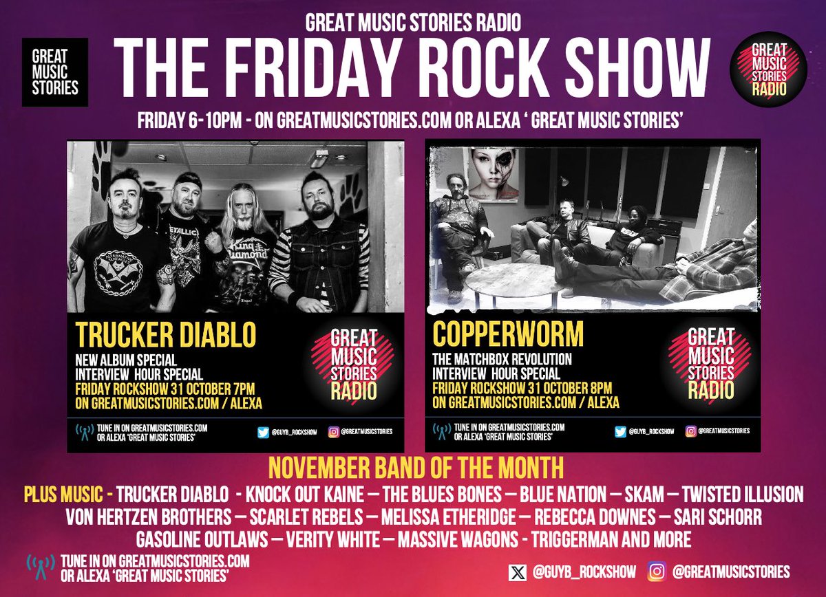 Off we go!! Opening tonight’s rockshow with <a href="/knockoutkaine/">Knock Out Kaine</a> ‘One more for the Road’. Friday rockshow on greatmusicstories.com / alexa til 9.30pm. <a href="/copperwormUK/">Copperworm</a> <a href="/truckerdiablo/">truckerdiablo</a> <a href="/ScarletRebels/">Scarlet Rebels</a> <a href="/MassiveWagons/">Massive Wagons</a> <a href="/SKAM_UK/">SKAM</a> on the way. Happy Friday all xx