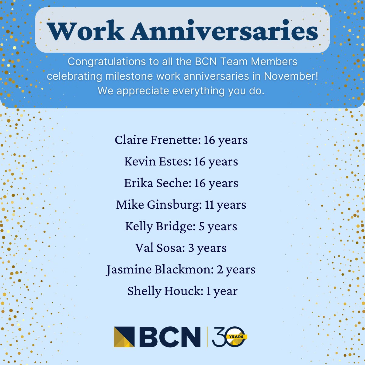 A huge shoutout to our amazing BCN team members celebrating work anniversaries this month. Your dedication, hard work, and passion drive our success every day. Thank you for all that you do to make BCN a fantastic place to be. Here’s to many more milestones together! #TeamBCN