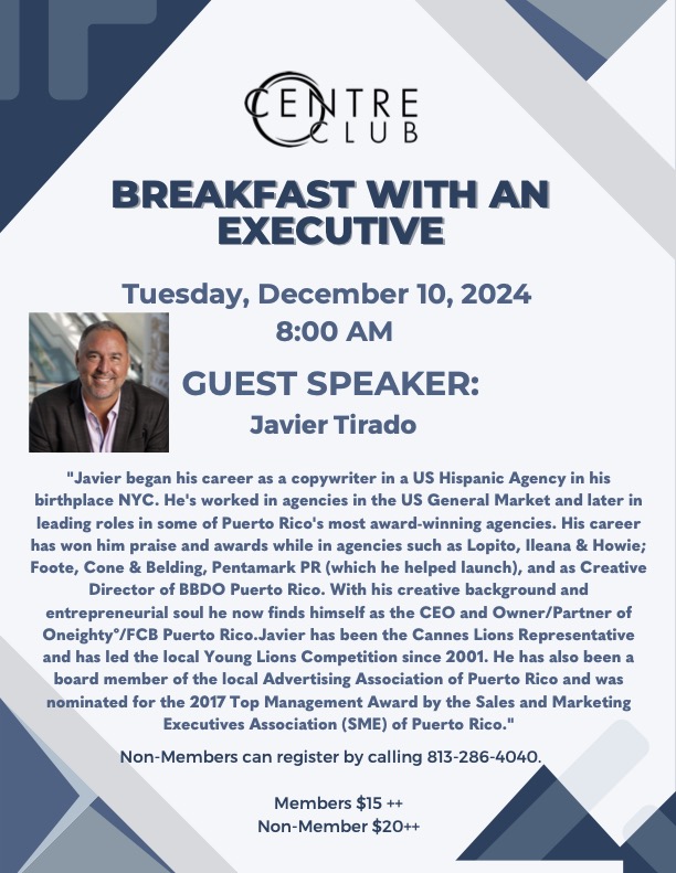 Elevate, Inc. (@elevate_inc) on Twitter photo Join us on December 10th for <a href="/CentreClubTampa/">Centre Club Tampa</a>'s Breakfast w/ an Exec ft. Javier Tirado, CEO/Partner of <a href="/CientochentaA/">Cientochenta</a>, a leader in multicultural Hispanic marketing, with a recent expansion into the Tampa Bay market. Don't miss this chance to hear from a visionary in the industry! Join us on December 10th for <a href="/CentreClubTampa/">Centre Club Tampa</a>'s Breakfast w/ an Exec ft. Javier Tirado, CEO/Partner of <a href="/CientochentaA/">Cientochenta</a>, a leader in multicultural Hispanic marketing, with a recent expansion into the Tampa Bay market. Don't miss this chance to hear from a visionary in the industry!