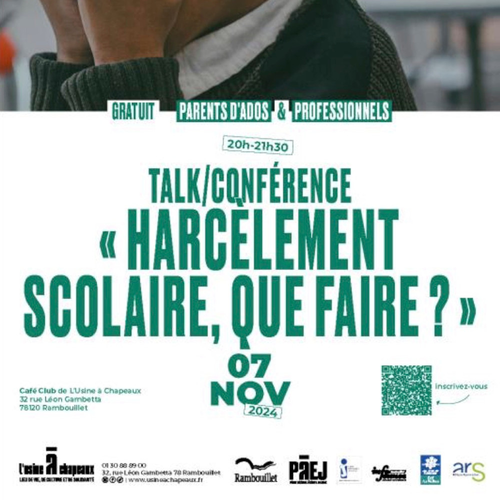 [#7novembre #NAH]
🗣️ Journée nationale de lutte contre le #harcèlement et le #cyberharcèlement
🔸 À cette occasion, de 20h à 21h30, L’usine à chapeaux MJC/CS de #Rambouillet proposera une conférence à destination des parents sur le thème « Le harcèlement scolaire, que faire ? ».
