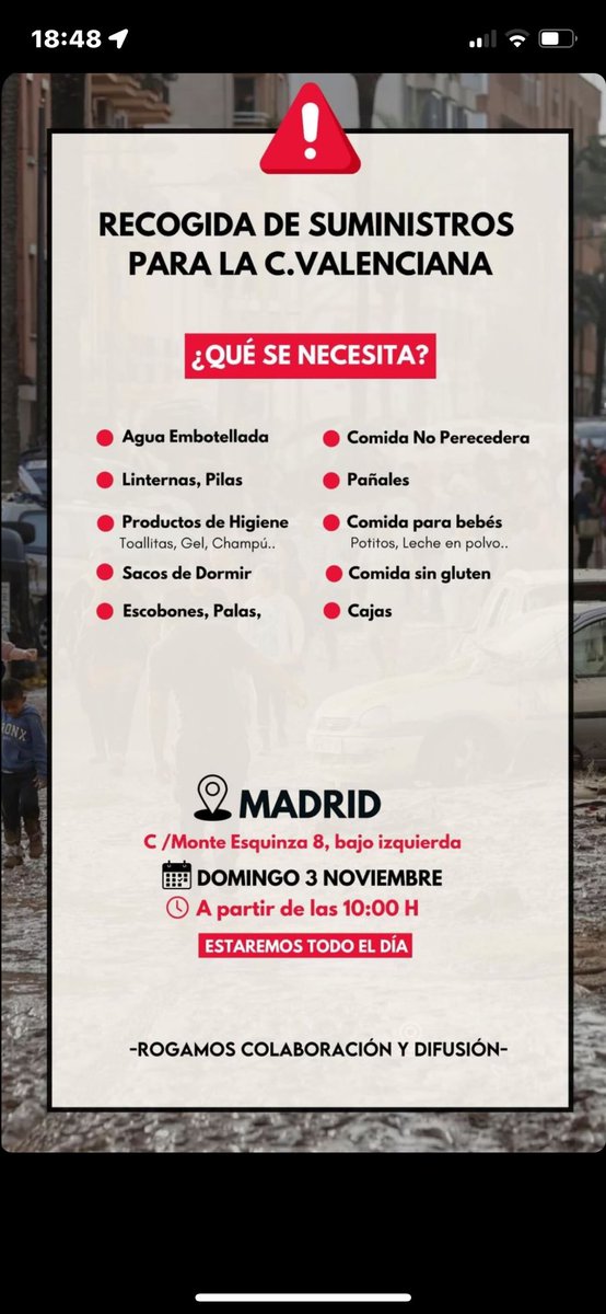 Gente de madrid que no sepáis como ayudar a los afectados por la dana, os dejo varios puntos de recogida. Recordar que si todos aportando aun que sea mínimamente estamos ayudando a muchas personas que se han quedado sin absolutamente nada.