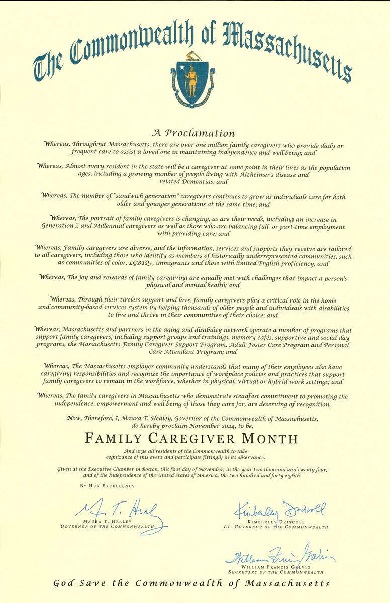 Mass_Aging's tweet photo. Happy  #FamilyCaregiverMonth! The Healey-Driscoll Administration celebrates family caregivers every day, but especially during November. We recognize and thank Massachusetts’ family caregivers for their around-the-clock dedication and support to their loved ones❤️🙌👏 https://t.co/HWZQKOszpc