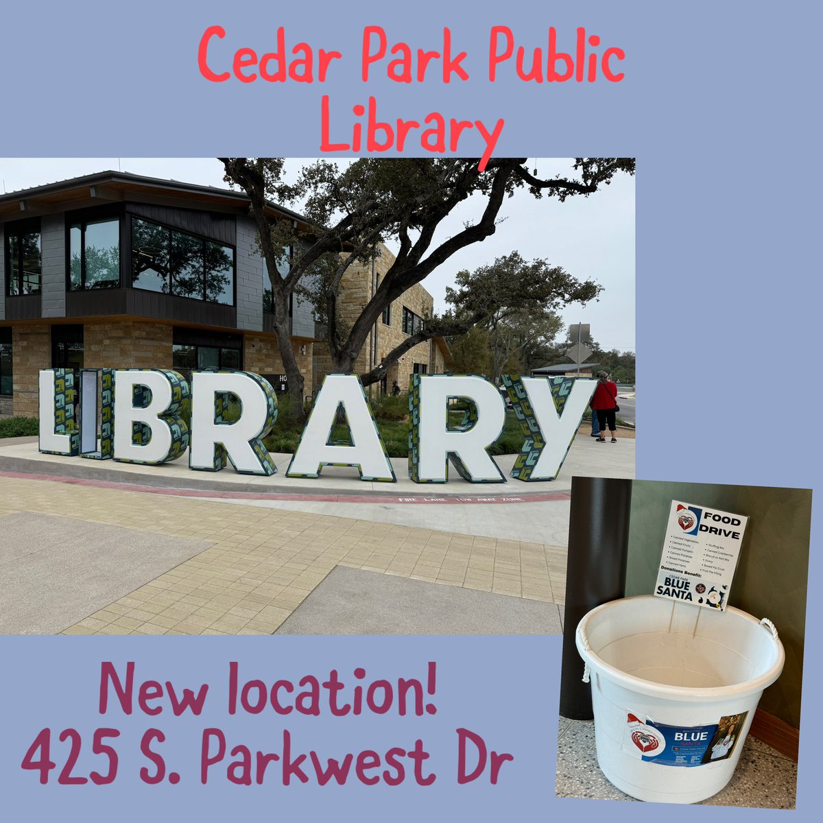 GraciesCanGoods's tweet photo. It’s the season of giving &amp; time to help families in need in our community! Bins are ready for collection at Cedar Park Library Cedar Park Rec &amp; @HEB Parmer/1431! You can also make a monetary donation! Please help us spread joy &amp; kindness this holiday season ❤️ https://t.co/L3pTw3WBXy