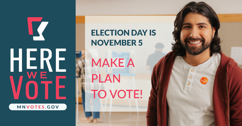MNSecofState's tweet photo. 🗳#HereWeVote! Minnesotans know their vote is their voice. That’s why we routinely lead the nation in voter turnout. Click here to learn more about elections in Minnesota.