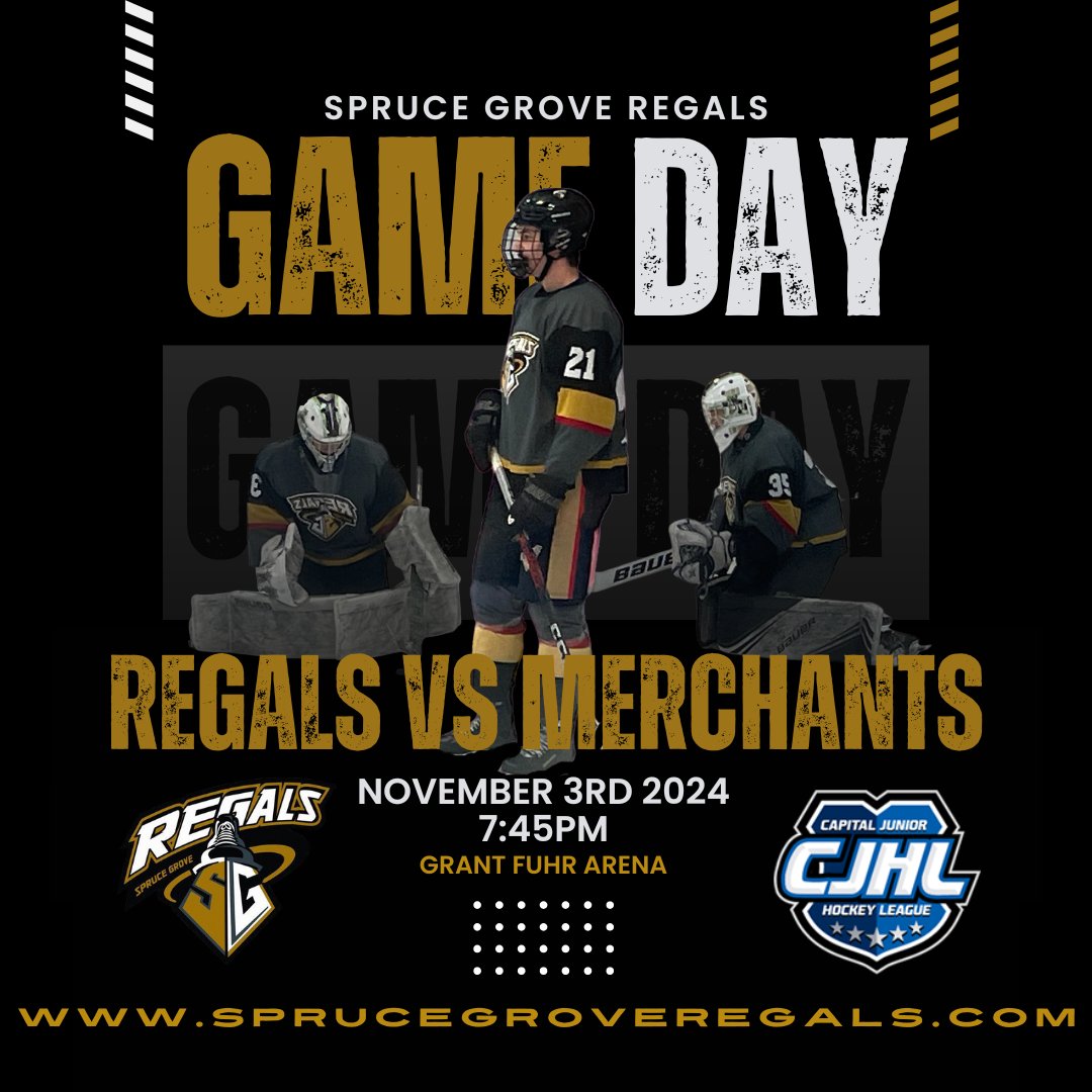 SGRegals's tweet photo. ๐กโซ GAME DAY! ๐กโซ
The Regals are ready to take on the Merchants at Grant Fuhr Arena! Letโs bring the energy and make some noise!
#GoRegals #RegalsHockey #HockeyNight #RegalsNation #CJHL https://t.co/Ai75awu2iC