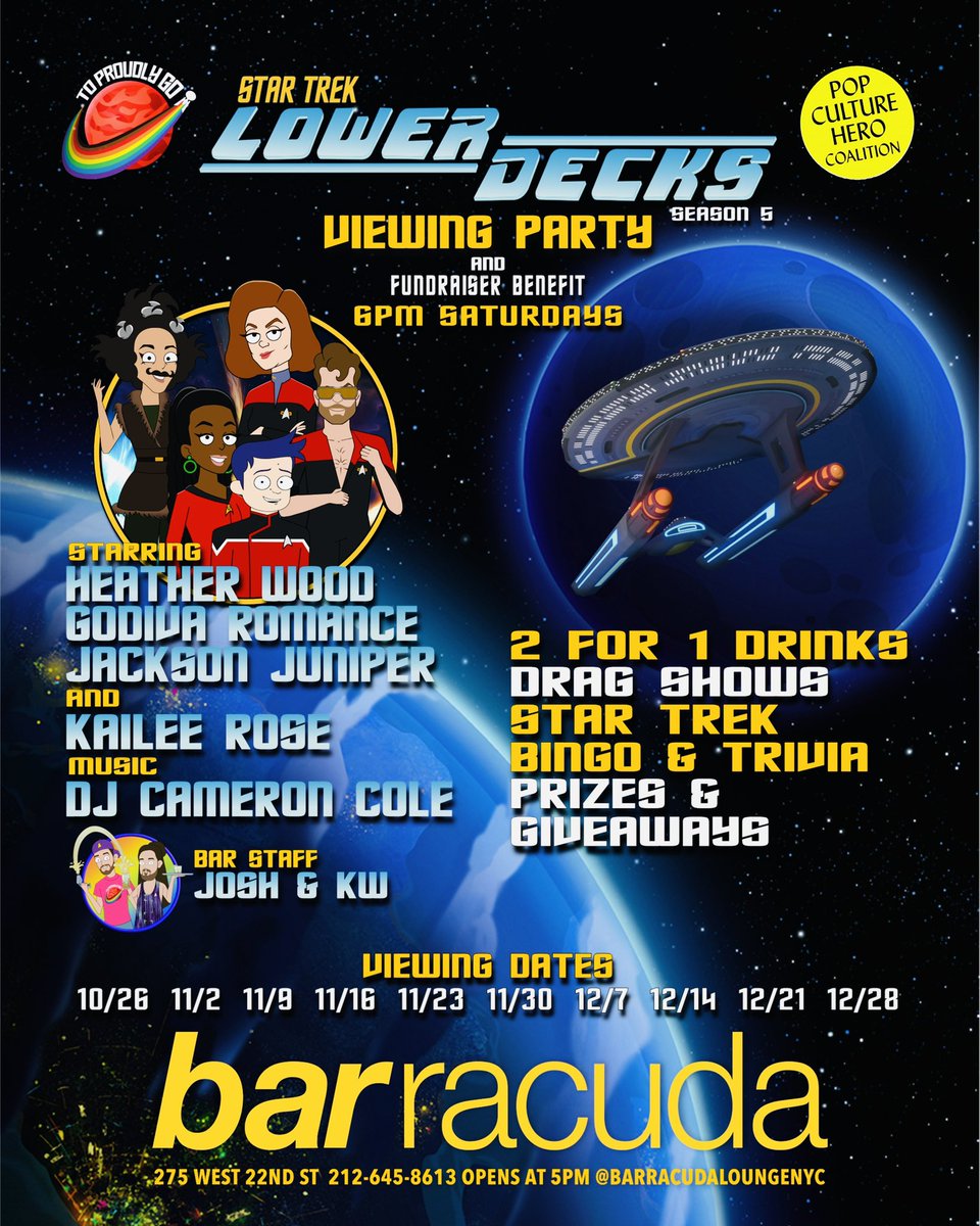 Heather Wood (@theheatherwood) on Twitter photo Join me and <a href="/toproudlygo/">To Proudly Go</a> 6pm Saturday at <a href="/BarracudaLounge/">Barracuda Lounge</a> for #StarTrekLowerDecks, 2-4-1 #happyhour drinks, #StarTrek bingo and trivia, prizes, giveaways and more! Each week is dedicated to supporting <a href="/SuperheroIRL/">The Heroic Journey Mental Health</a> #LGBTQ programs!
Event details here: eventbrite.com/e/1008130083217 Join me and <a href="/toproudlygo/">To Proudly Go</a> 6pm Saturday at <a href="/BarracudaLounge/">Barracuda Lounge</a> for #StarTrekLowerDecks, 2-4-1 #happyhour drinks, #StarTrek bingo and trivia, prizes, giveaways and more! Each week is dedicated to supporting <a href="/SuperheroIRL/">The Heroic Journey Mental Health</a> #LGBTQ programs!
Event details here: eventbrite.com/e/1008130083217