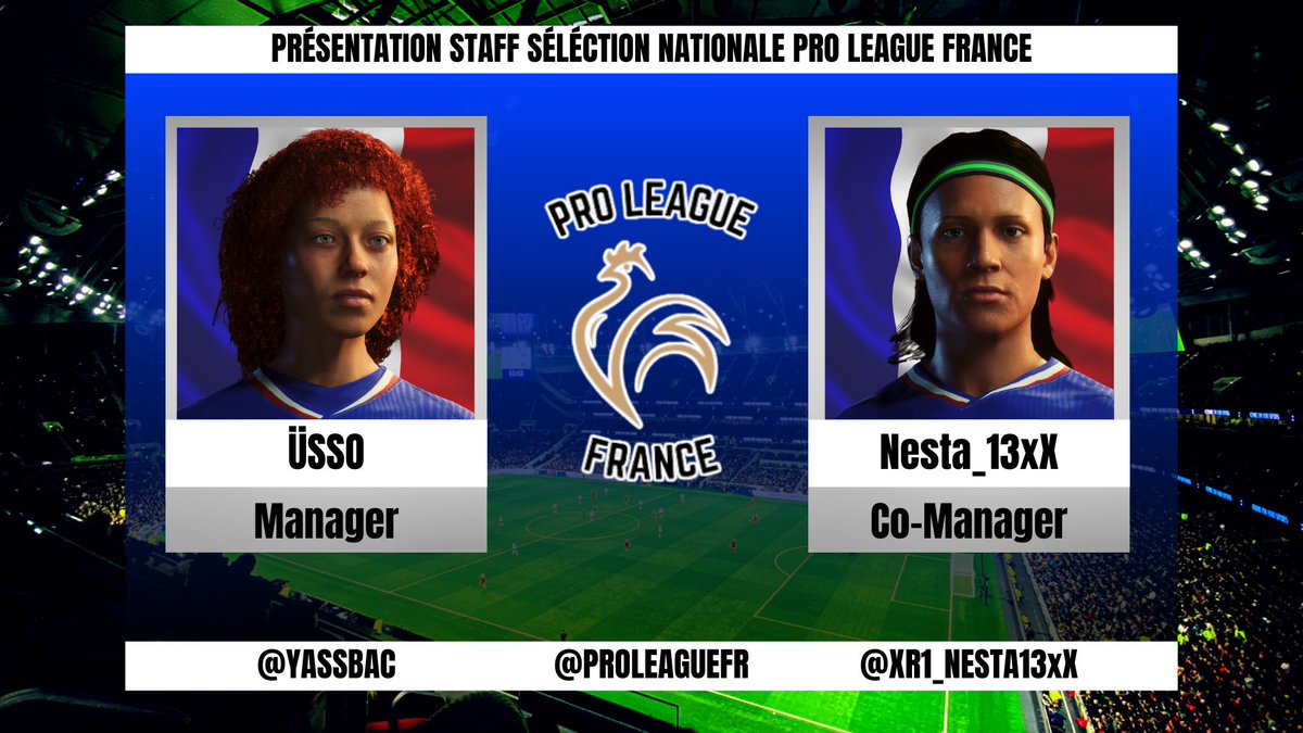 📢 | Équipe de France

Après de nombreuses candidatures nos choix se sont portés vers :

👨‍💼Manager
@YassBac

👨‍💻Co-Manager
@XR1_Nesta13xX

Ils débutent les sessions d’entraînement dès ce week-enfin pour préparer leur Nation League qui débute le 13 Novembre !

Un max de ❤️ &amp; 🔄