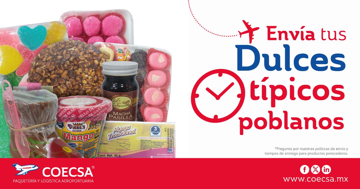 COECSAmx's tweet photo. Recuerda que con #COECSA pueden enviar tus #dulcestipicos desde #Puebla a muchas ciudades ✈️📦 https://t.co/9mX3lI6hUx