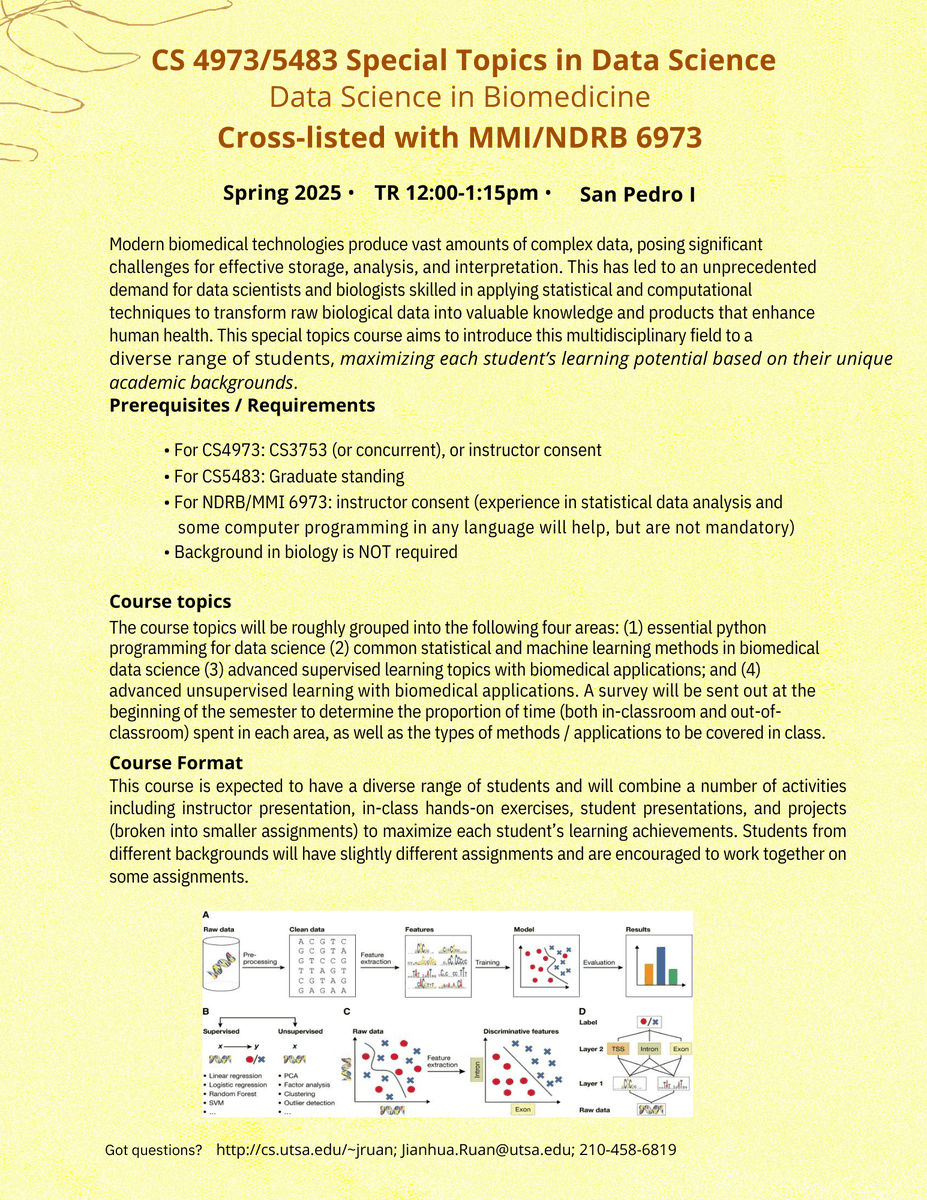 UTSANeuroDevRe1's tweet image. Looking for a course that combines Data Science and Biomedicine? NDRB 6973 is now open for Spring 2025 registration